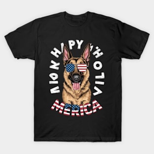 A cartoon German Shepherd in American flag colors has an American flag-colored face, wearing American flag-colored sunglasses(4) T-Shirt